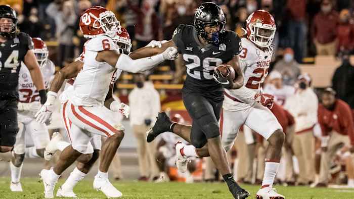 Breece Hall is the leading rusher in the Big 12 averaging 132.8-yards a game. Chuba Hubbard is third averaging 113-yards a game.